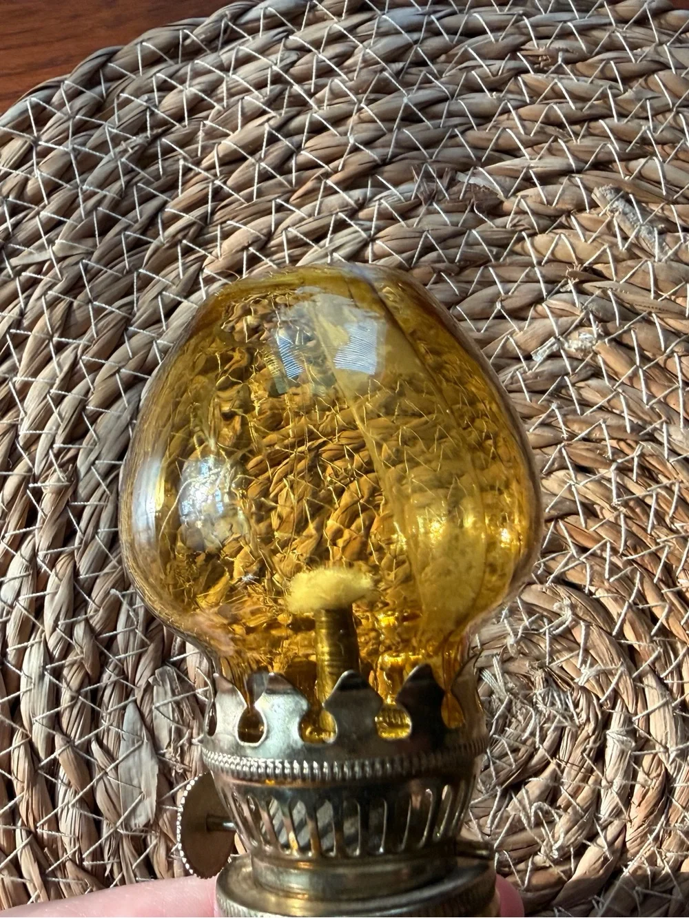 Amber Glass Hobnail Oil Lamp with White Base